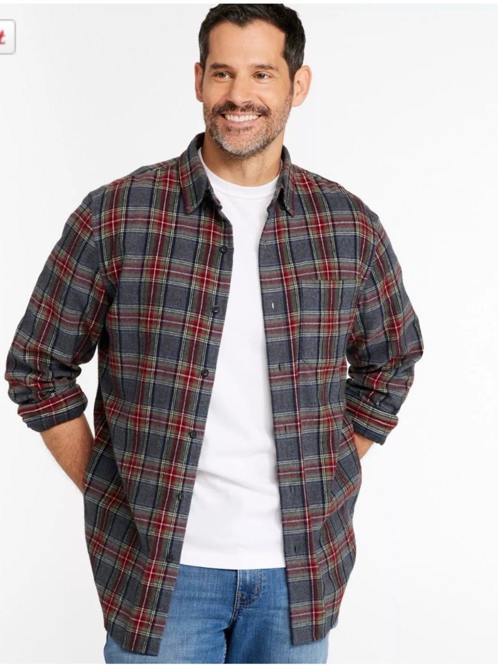 LL Bean Men's Scotch Plaid Flannel Shirt, Slightly Fitted Size XLT Grey Red
